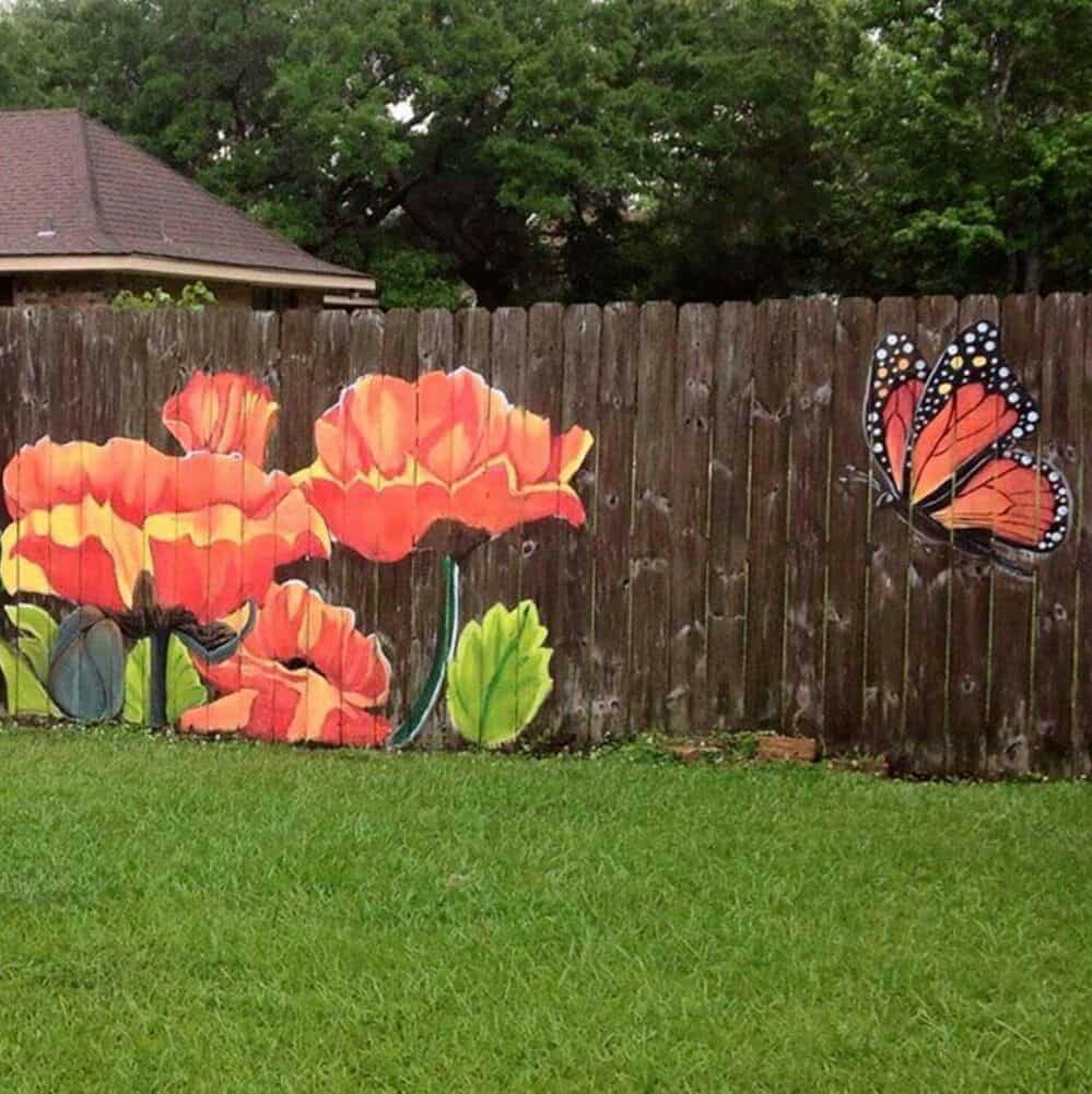 Flowers and Butterfly Fence Painting Ideas