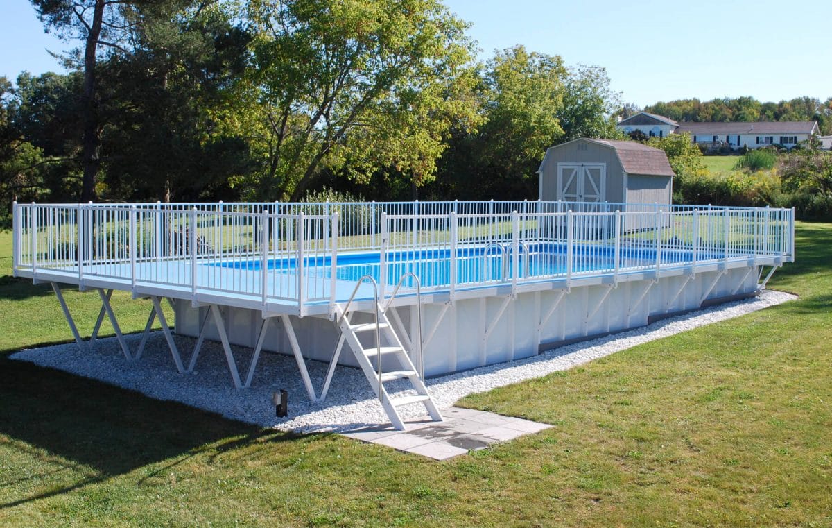 All-White Above-Ground Pool Fence and Deck